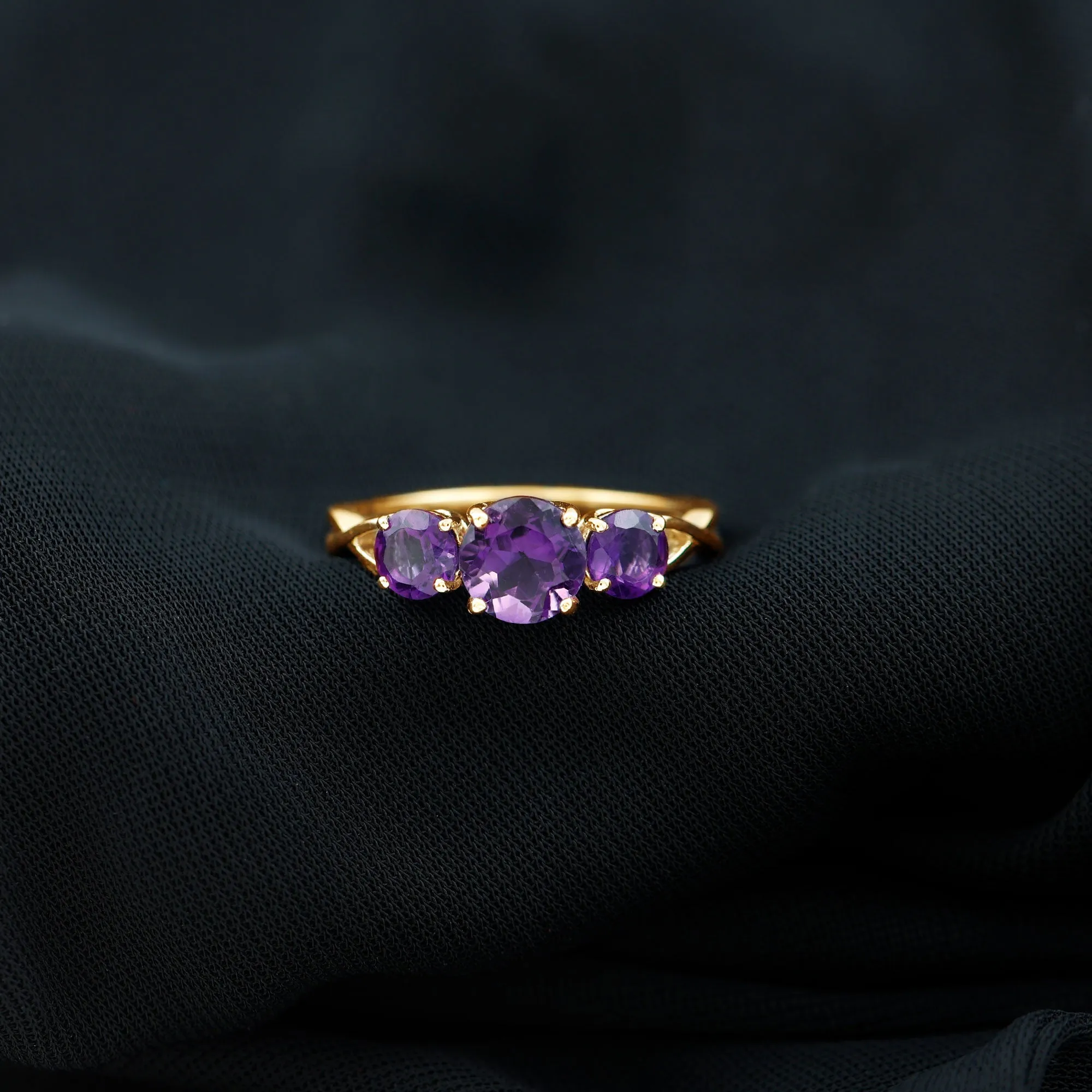 Round Amethyst Three Stone Crossover Ring