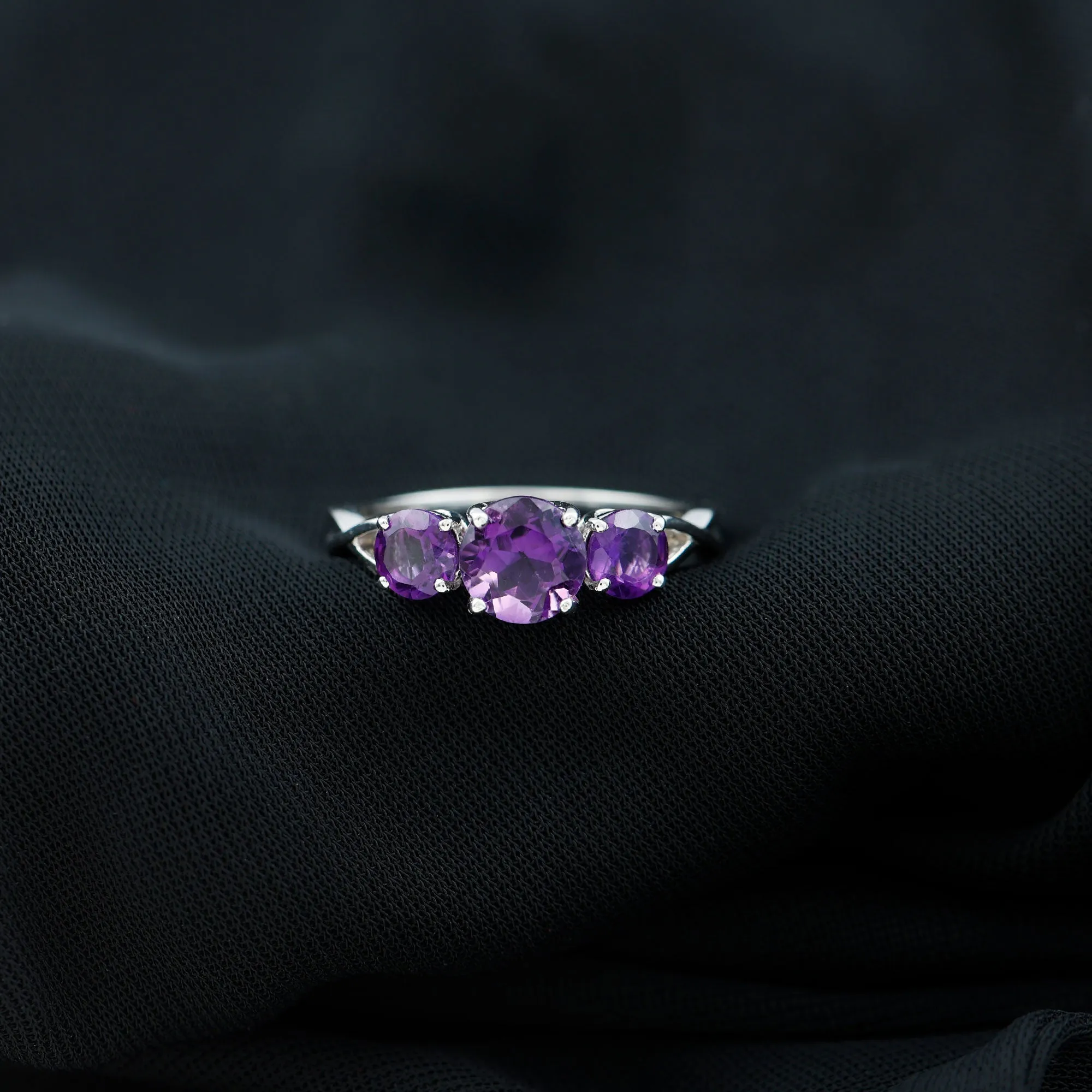 Round Amethyst Three Stone Crossover Ring