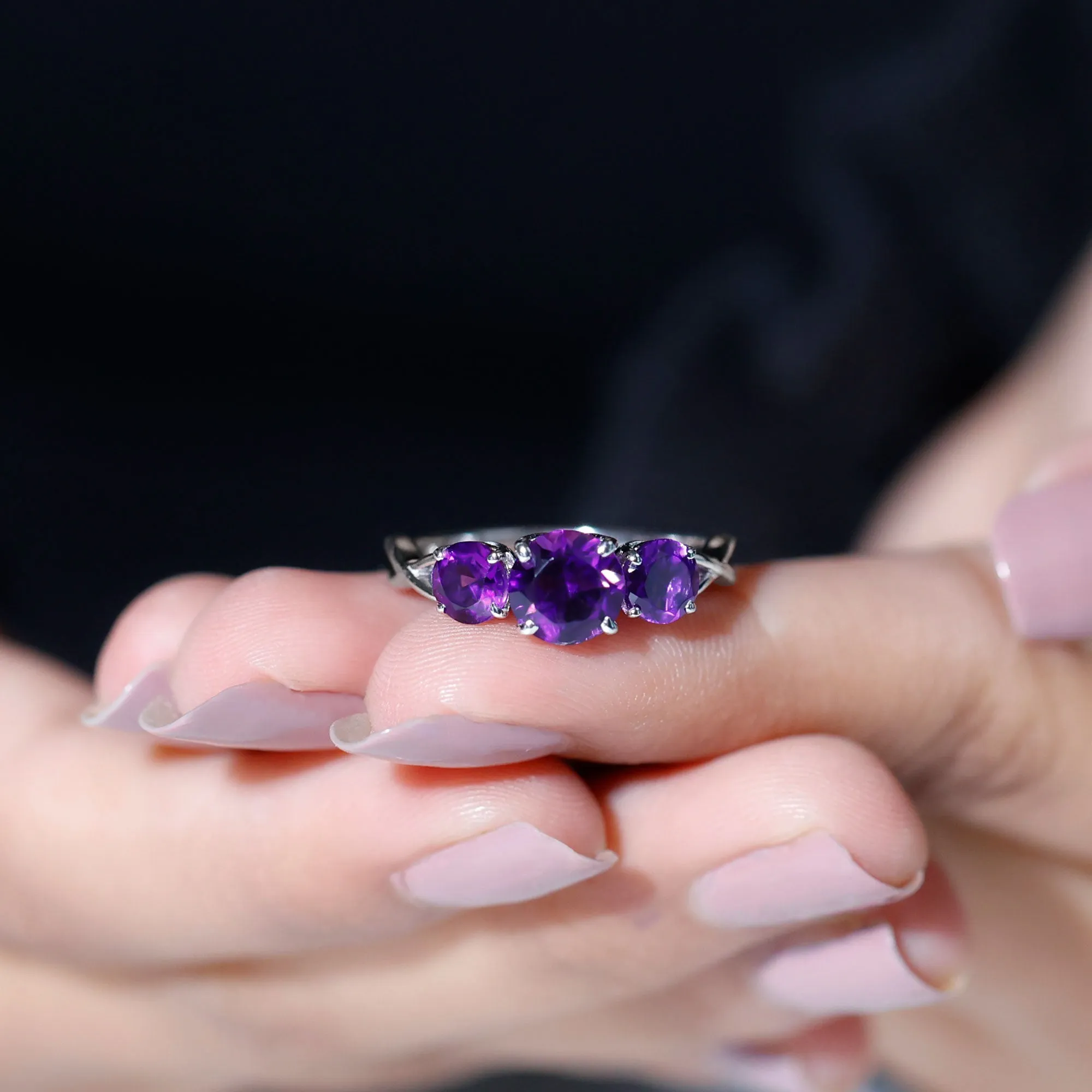 Round Amethyst Three Stone Crossover Ring