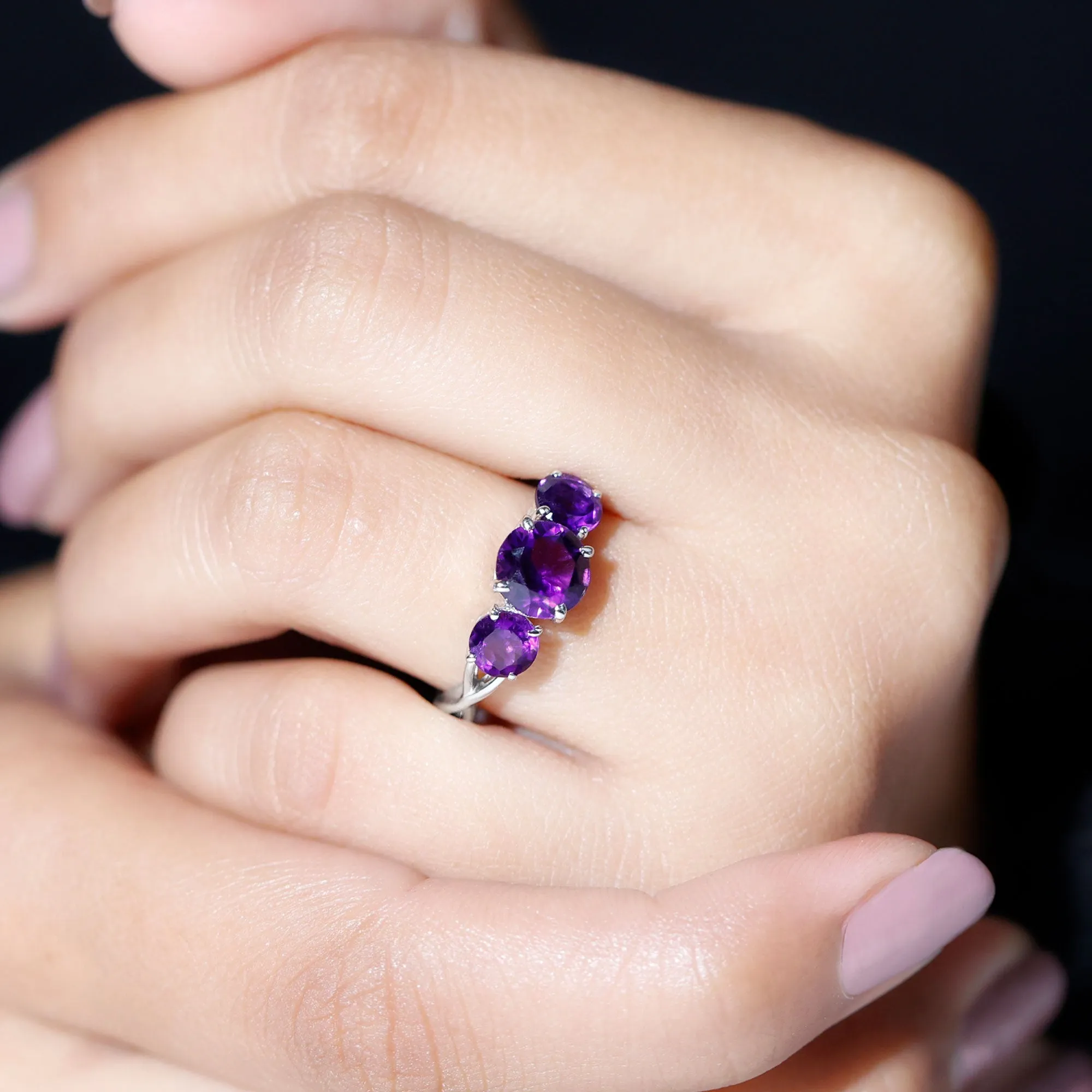 Round Amethyst Three Stone Crossover Ring