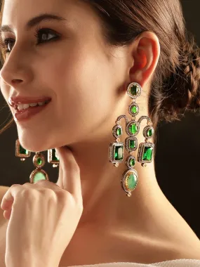 Rubans Enchanted Emerald Cascade: Green Stone Long AD Drop Earrings