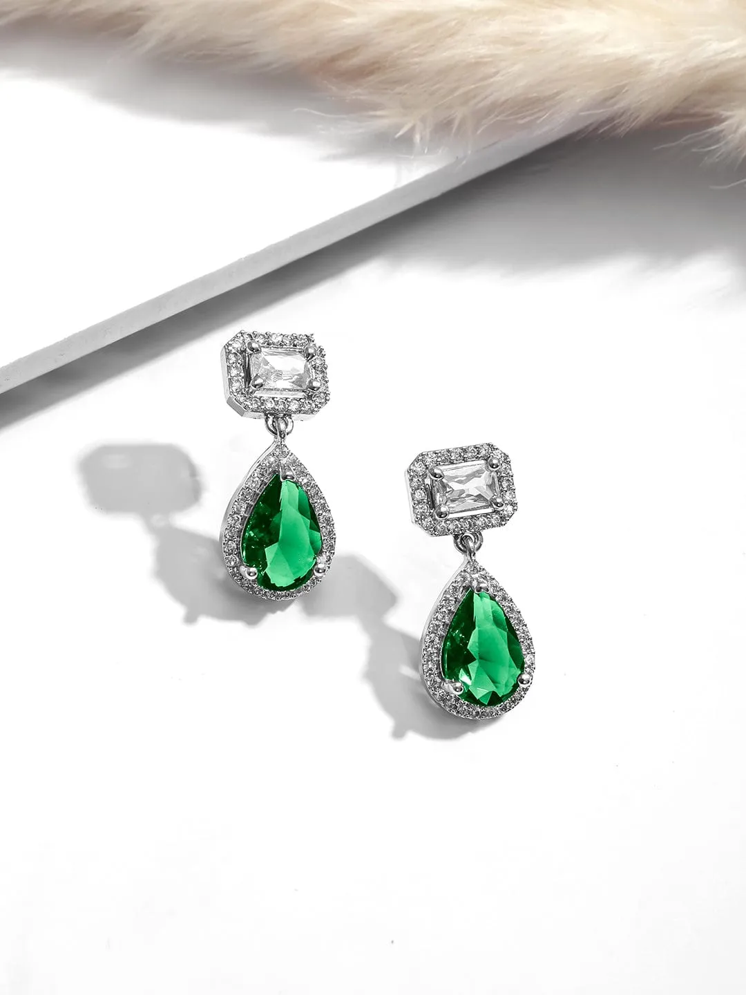 Rubans Rhodium Plated Crystal Emerald & Cubic Zirconia Studded Drop Earrings