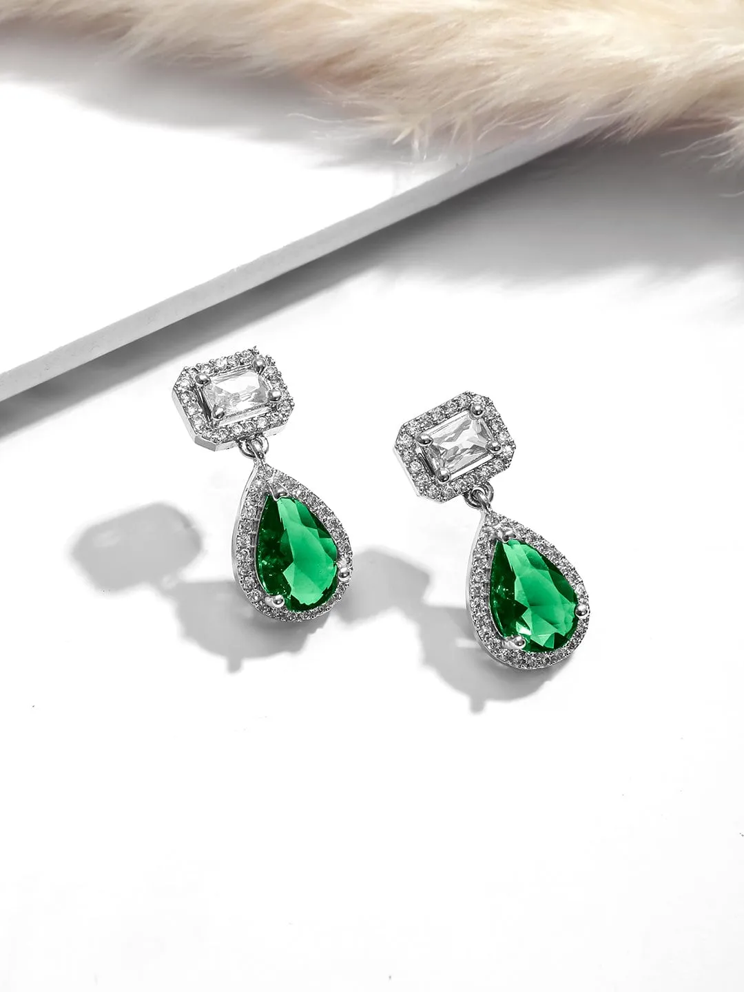 Rubans Rhodium Plated Crystal Emerald & Cubic Zirconia Studded Drop Earrings