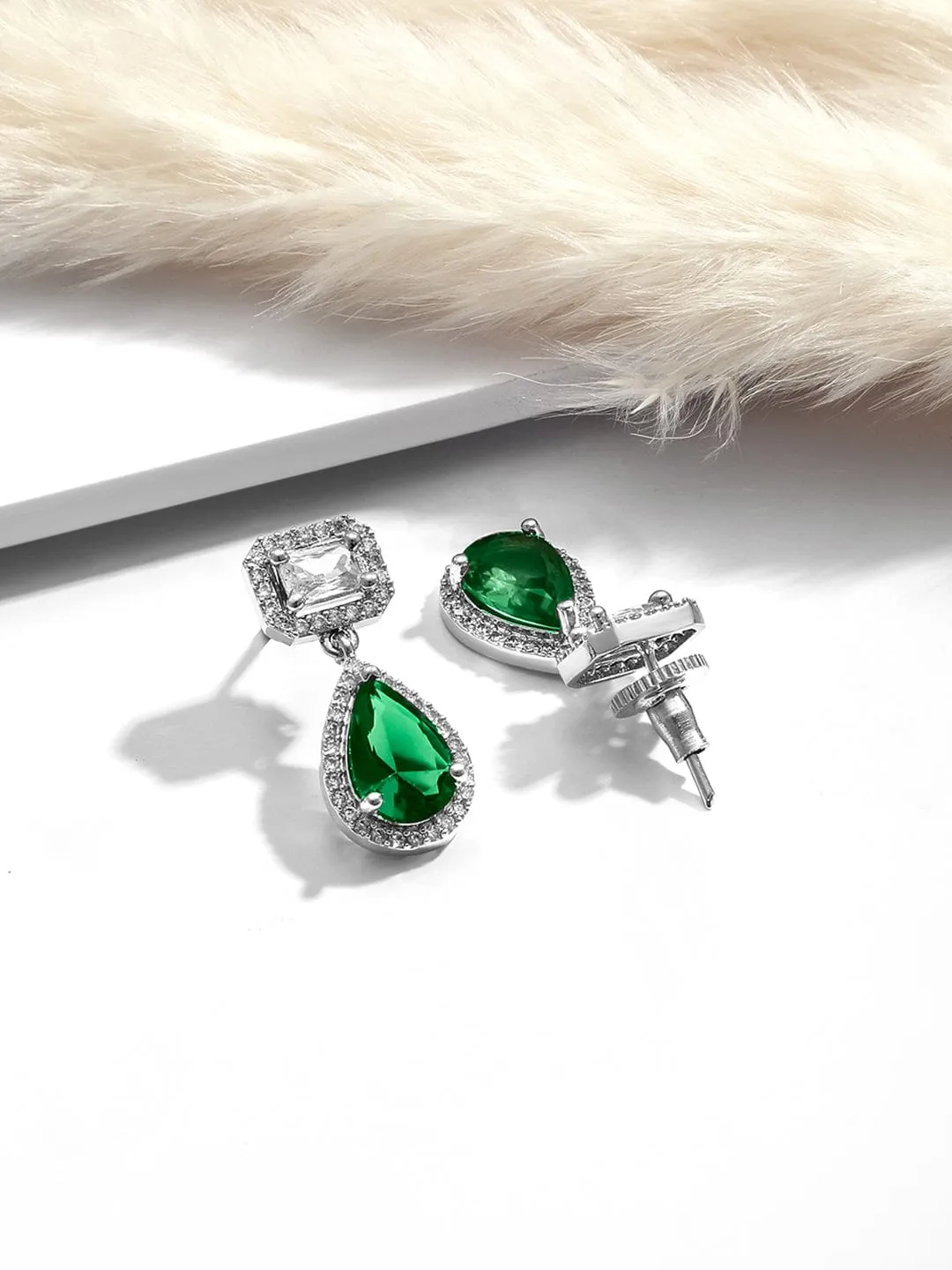 Rubans Rhodium Plated Crystal Emerald & Cubic Zirconia Studded Drop Earrings