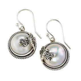 Samuel B. Sterling Silver White Round Mabe Earrings with Dragonflies (91671)