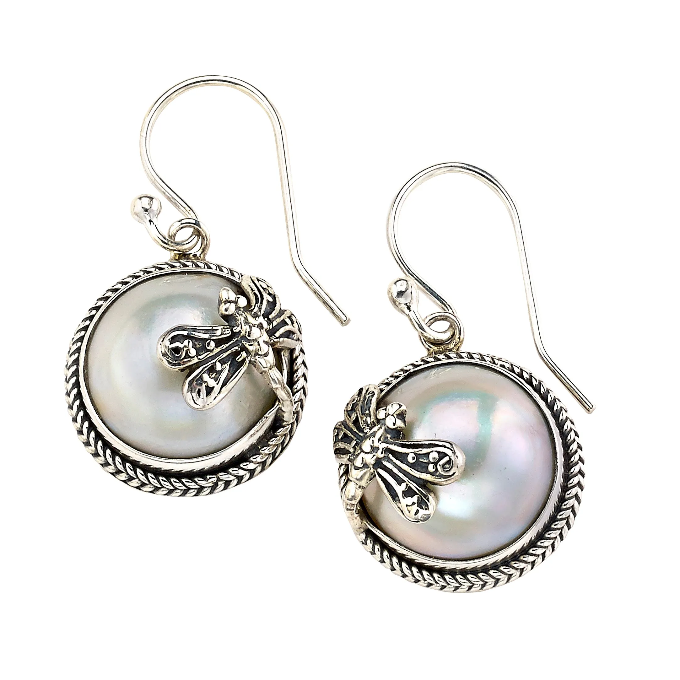 Samuel B. Sterling Silver White Round Mabe Earrings with Dragonflies (91671)