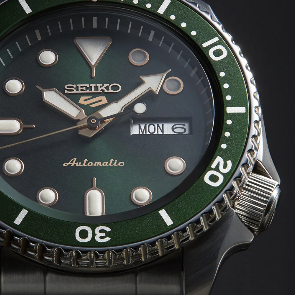 Seiko 5 Sports SRPD63 Automatic 10 ATM Water Resistant 42.5mm Green Dial with Rose Gold Accents Men's Watch