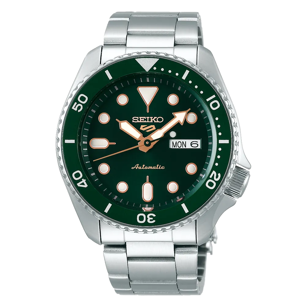 Seiko 5 Sports SRPD63 Automatic 10 ATM Water Resistant 42.5mm Green Dial with Rose Gold Accents Men's Watch