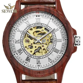 SEWOR 2018 Newest Imitation wood metal Dual digital display of men's automatic mechanical watch C332