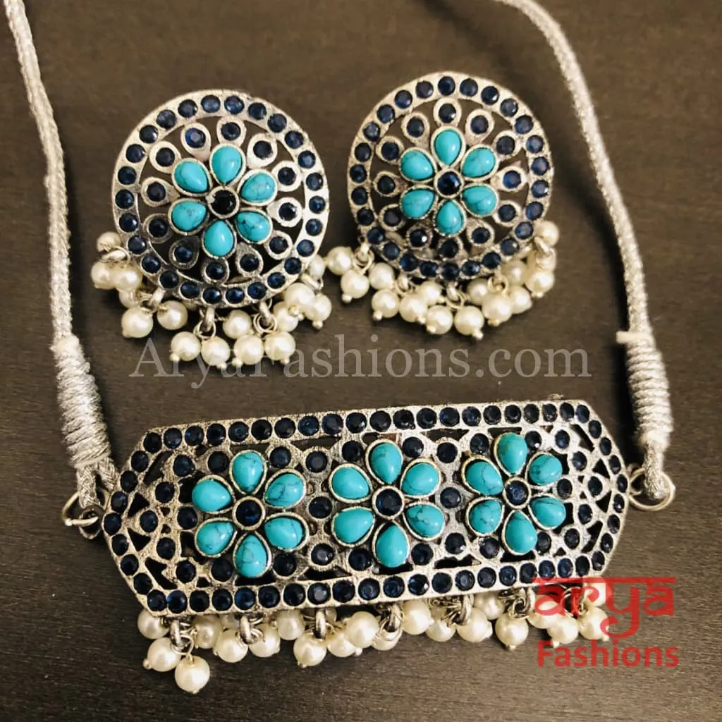 Shivi Colored Stones Silver Oxidized Tribal Choker Necklace with Stud earrings