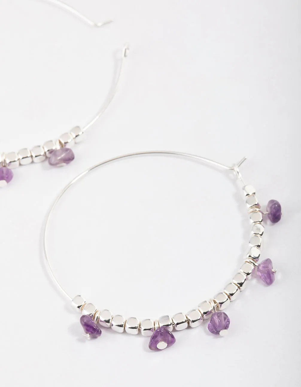 Silver Amethyst Mixed Beaded Hoop Earrings