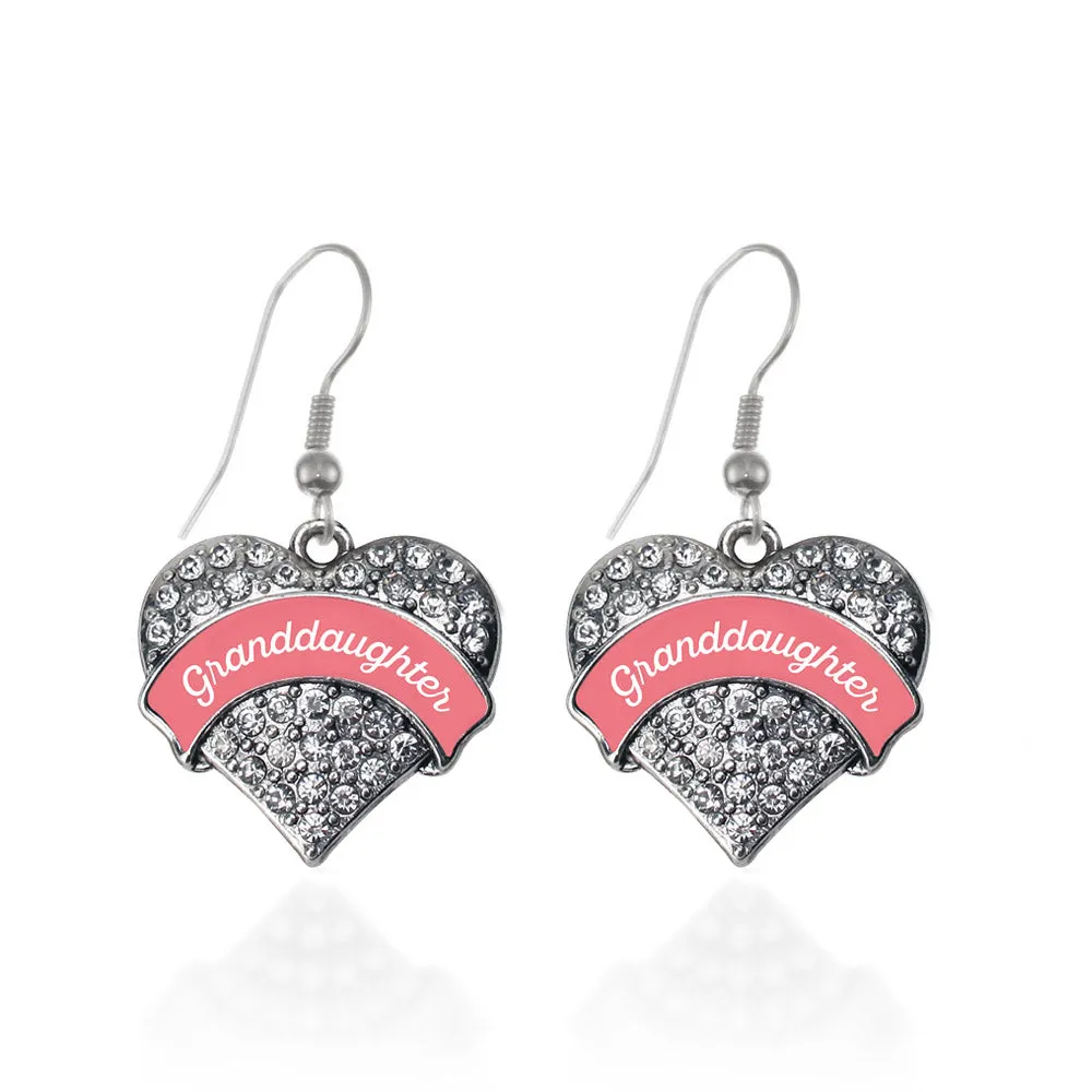 Silver Coral Granddaughter Pave Heart Charm Dangle Earrings