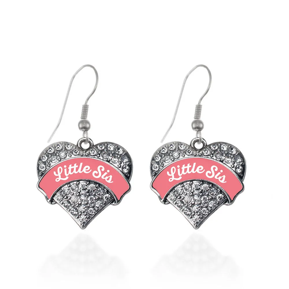 Silver Coral Little Sister Pave Heart Charm Dangle Earrings