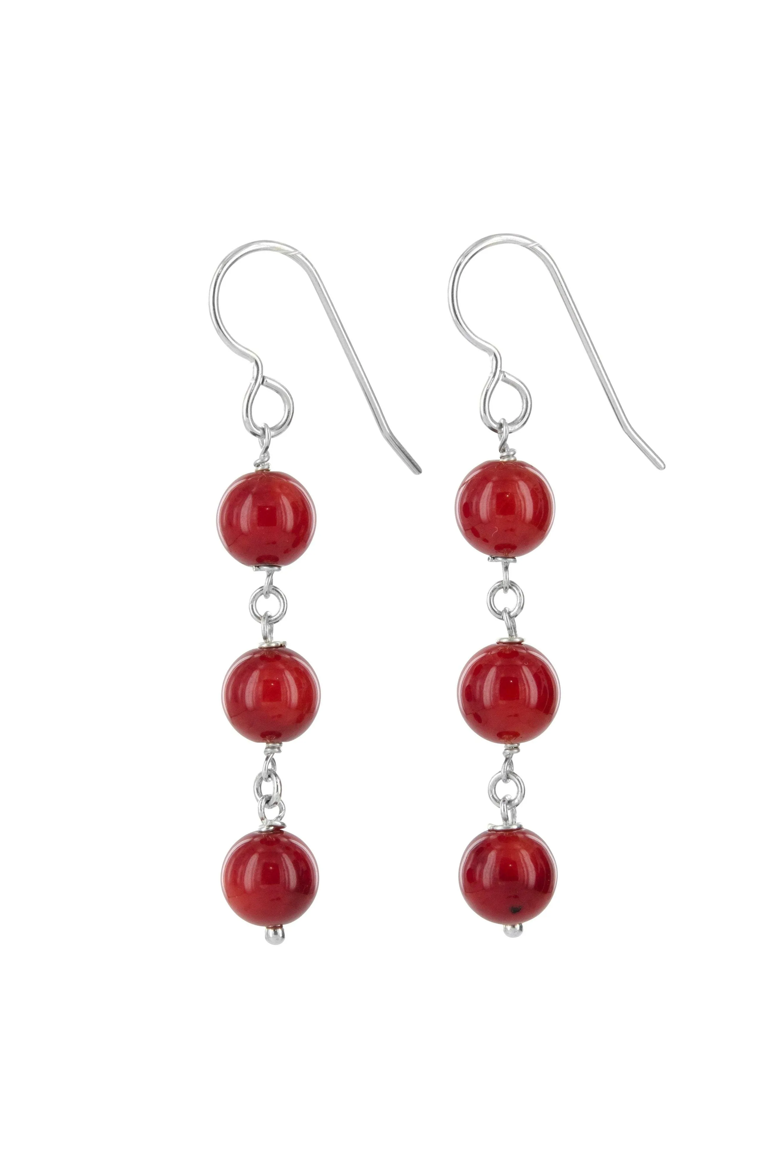 Simple Red Earrings, Red Coral and Silver