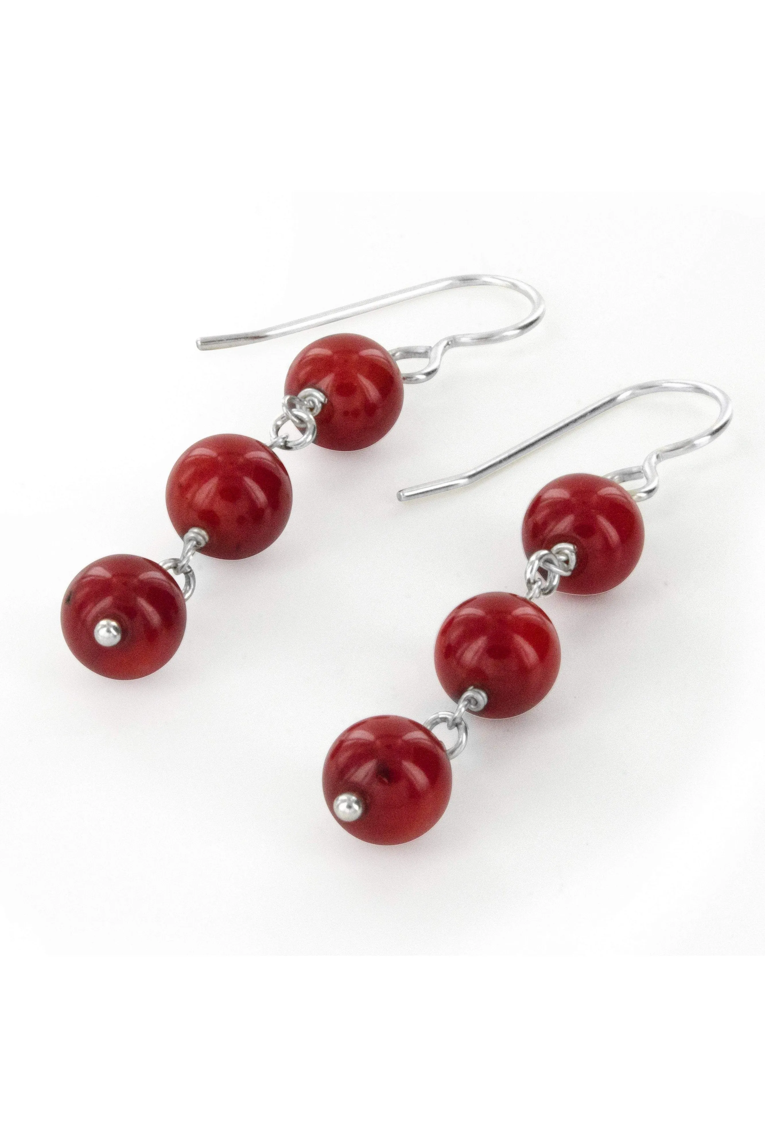 Simple Red Earrings, Red Coral and Silver