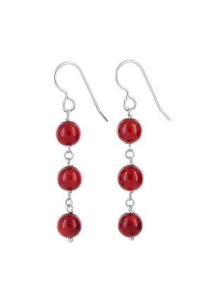 Simple Red Earrings, Red Coral and Silver