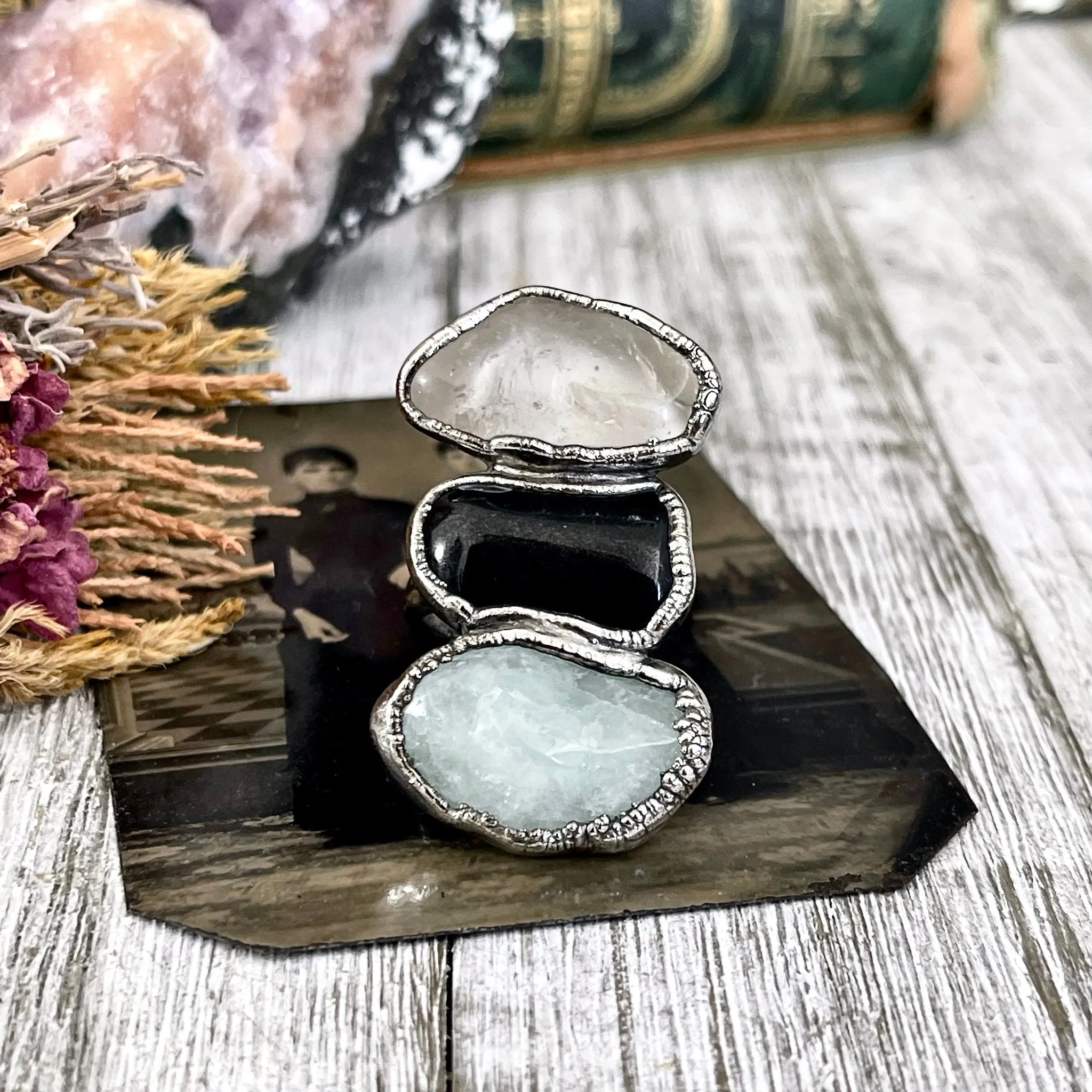 Size 6 Crystal Ring - Three Stone Ring Black Onyx Clear Quartz Aquamarine Silver Ring / Foxlark Collection - One of a Kind