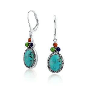 Southwestern Dangle Gemstone Earrings with Turquoise Lapis Coral in Sterling Silver