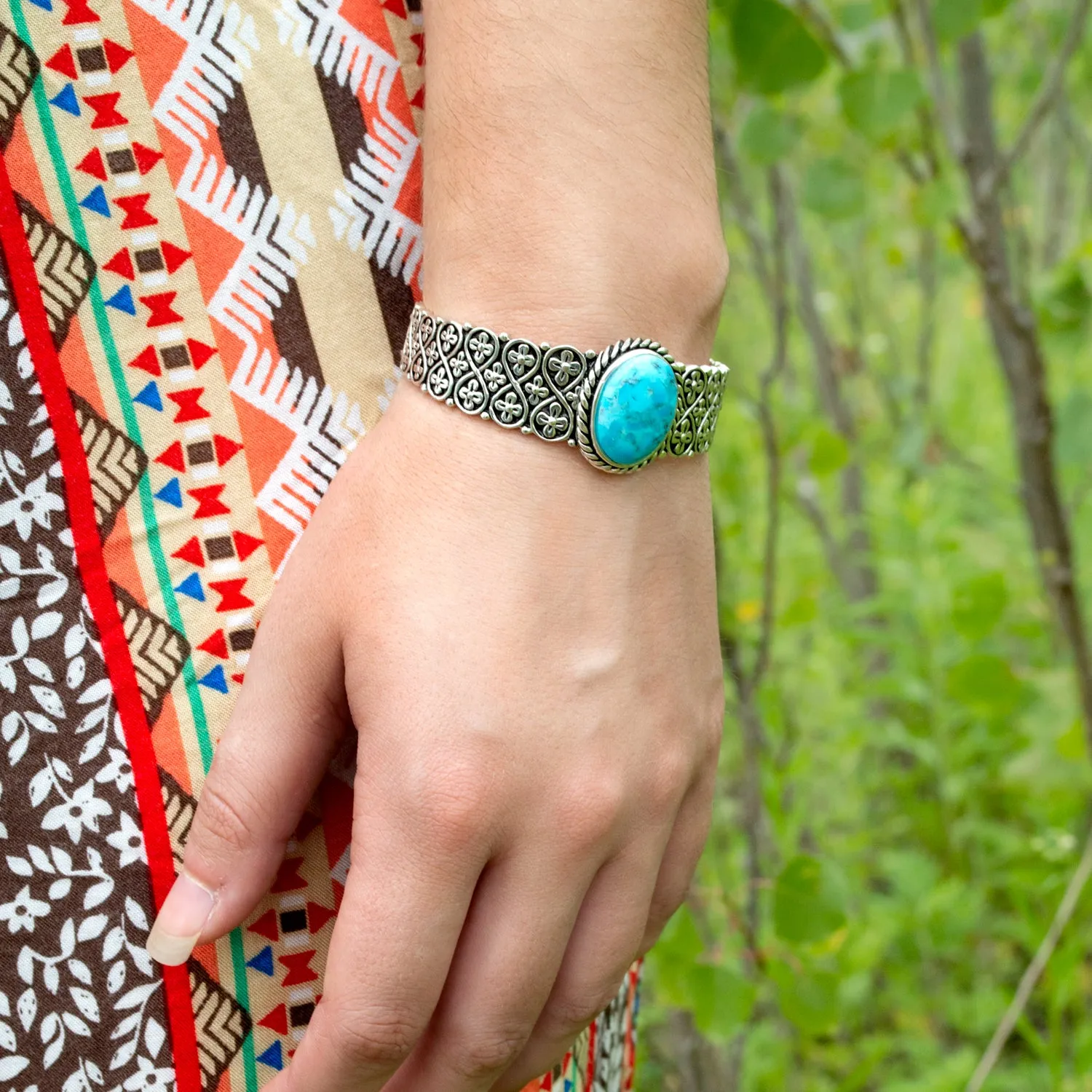 Southwestern Turquoise Gemstone Cuff Bracelet with Sterling Silver Lattice Design