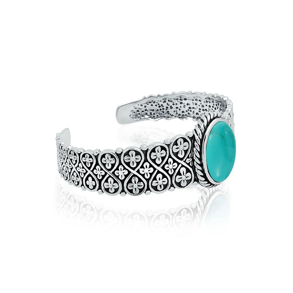 Southwestern Turquoise Gemstone Cuff Bracelet with Sterling Silver Lattice Design