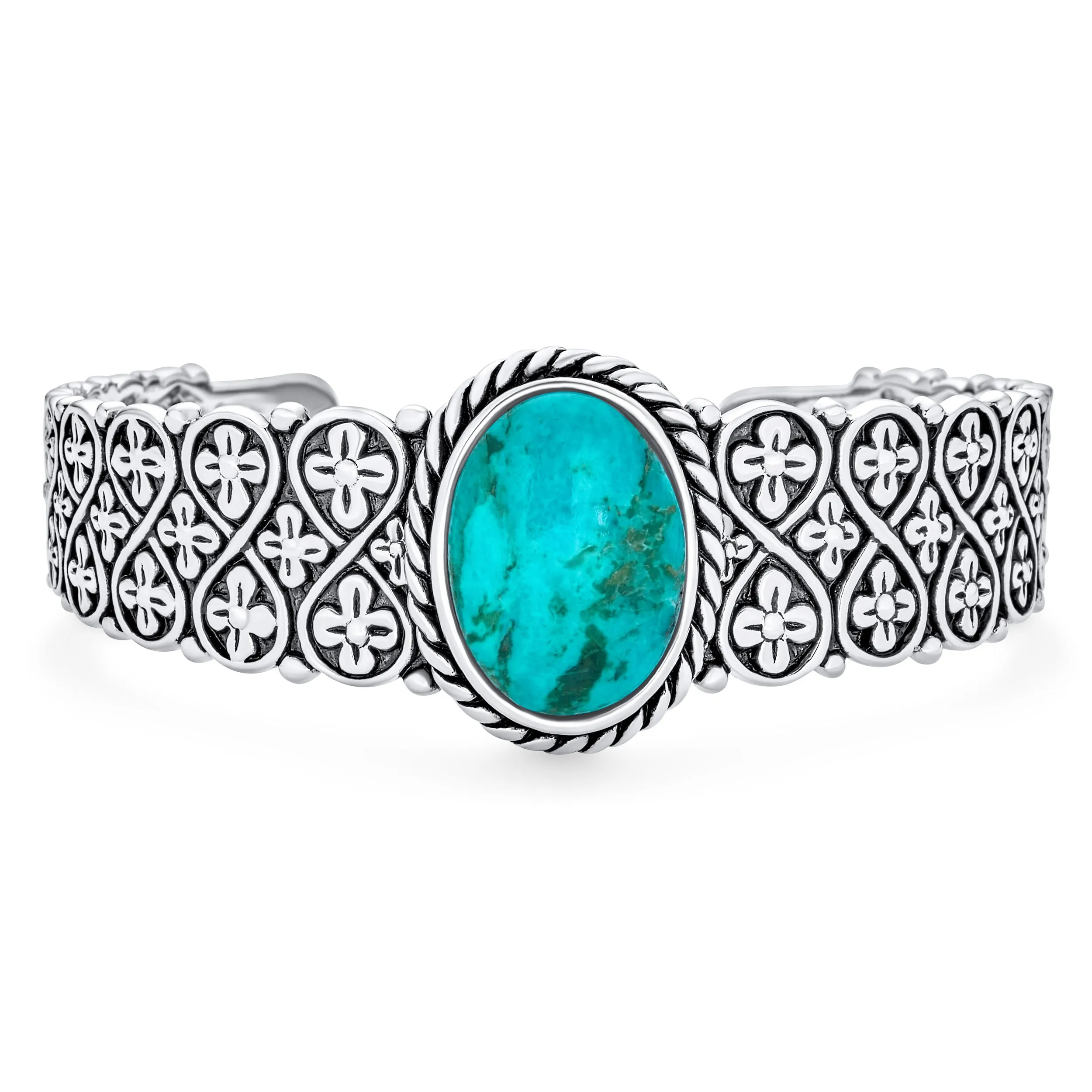 Southwestern Turquoise Gemstone Cuff Bracelet with Sterling Silver Lattice Design