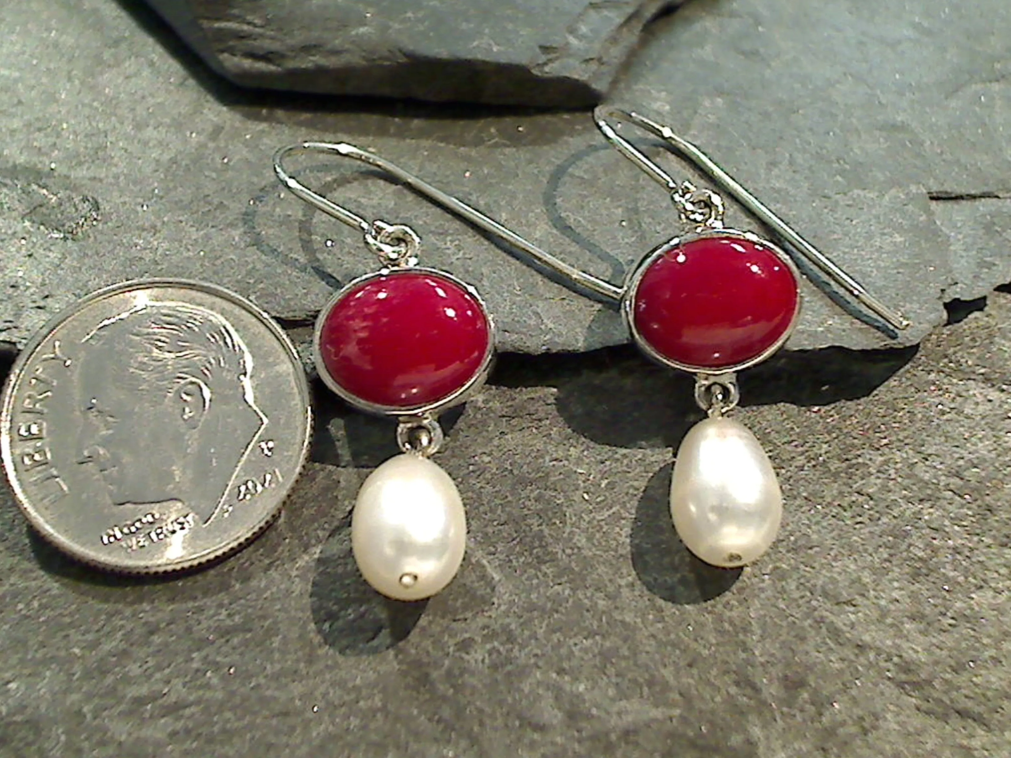 Sponge Coral, Pearl, Sterling Silver Earrings