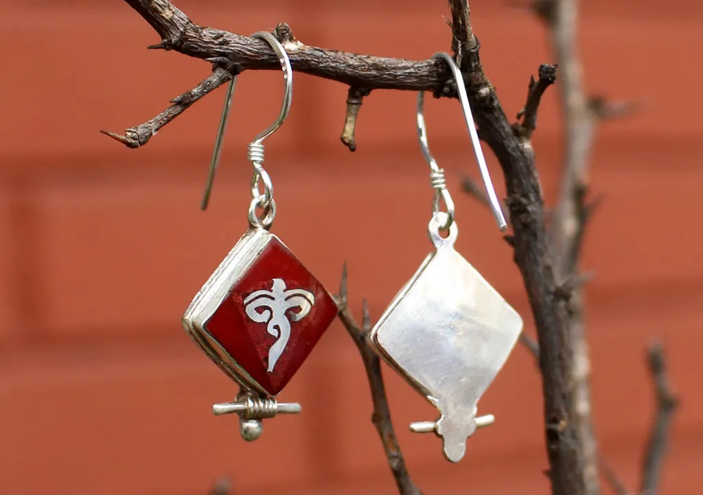 Square Shaped Coral Inlaid Buddha Eyes Silver Earrings