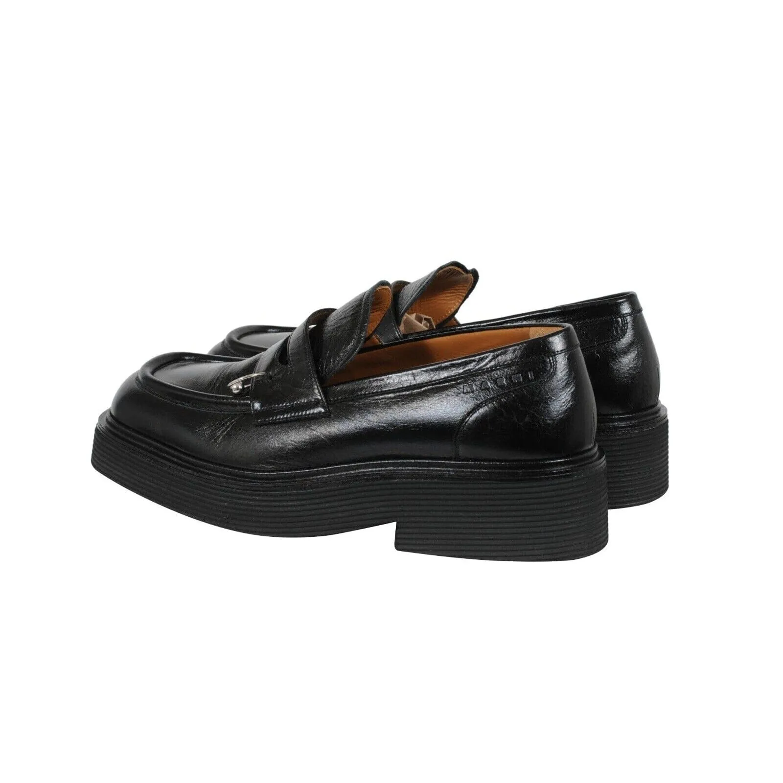 Square Toe Platform Loafers Black Leather Metal Ring Derby