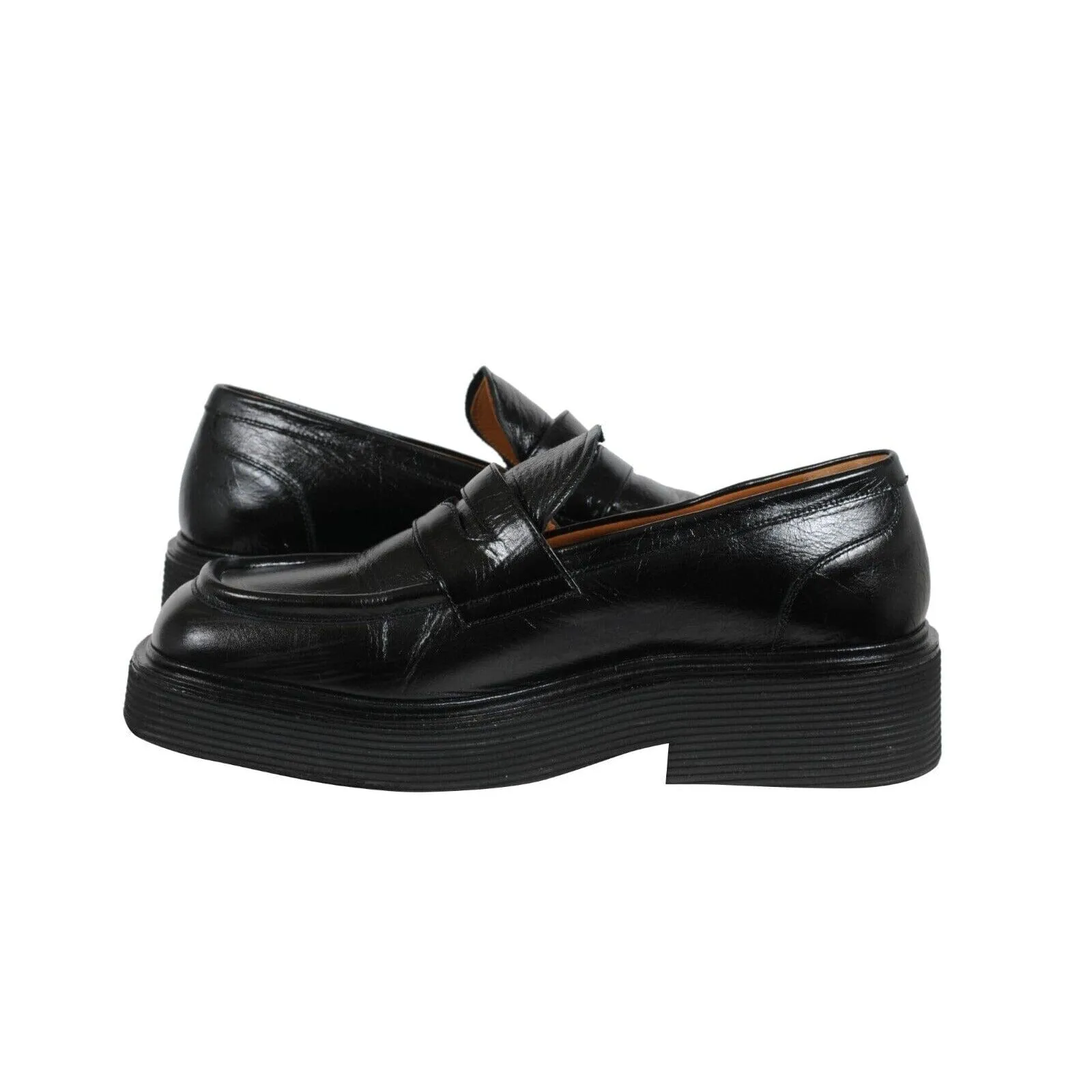 Square Toe Platform Loafers Black Leather Metal Ring Derby