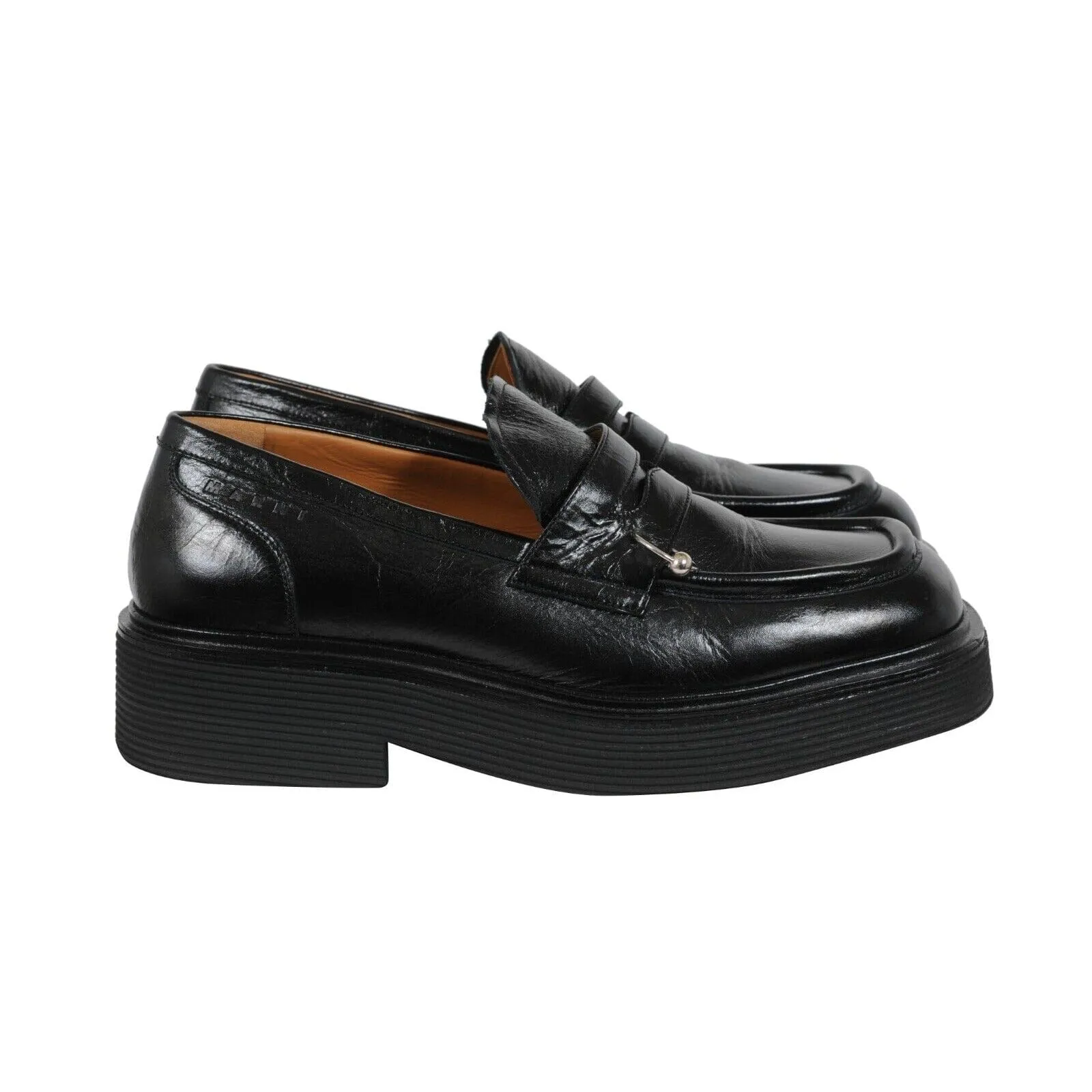 Square Toe Platform Loafers Black Leather Metal Ring Derby