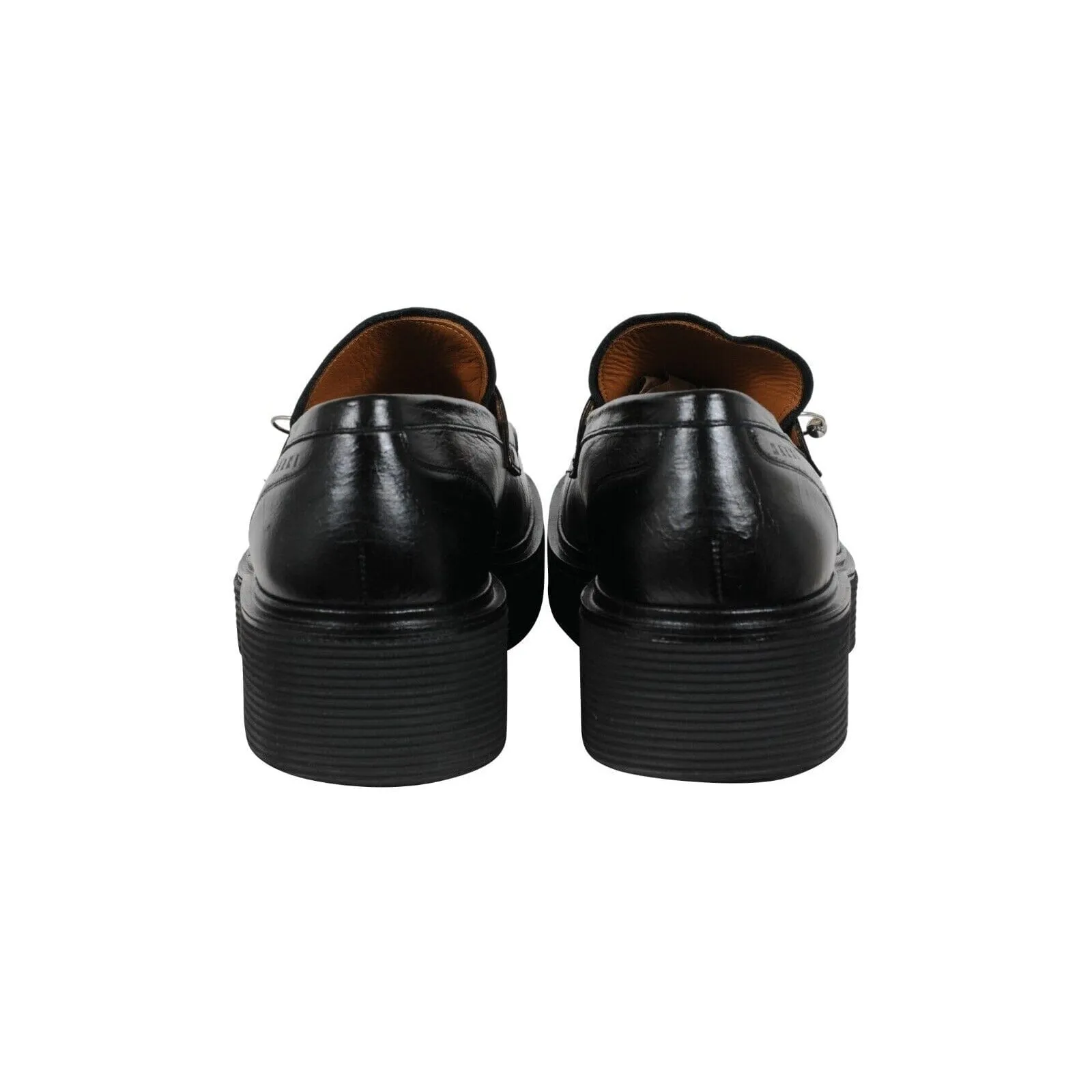 Square Toe Platform Loafers Black Leather Metal Ring Derby