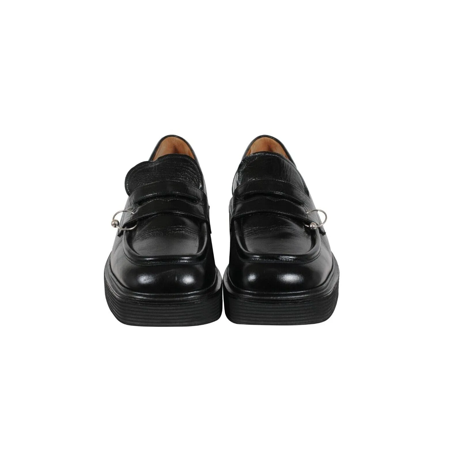 Square Toe Platform Loafers Black Leather Metal Ring Derby