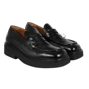 Square Toe Platform Loafers Black Leather Metal Ring Derby