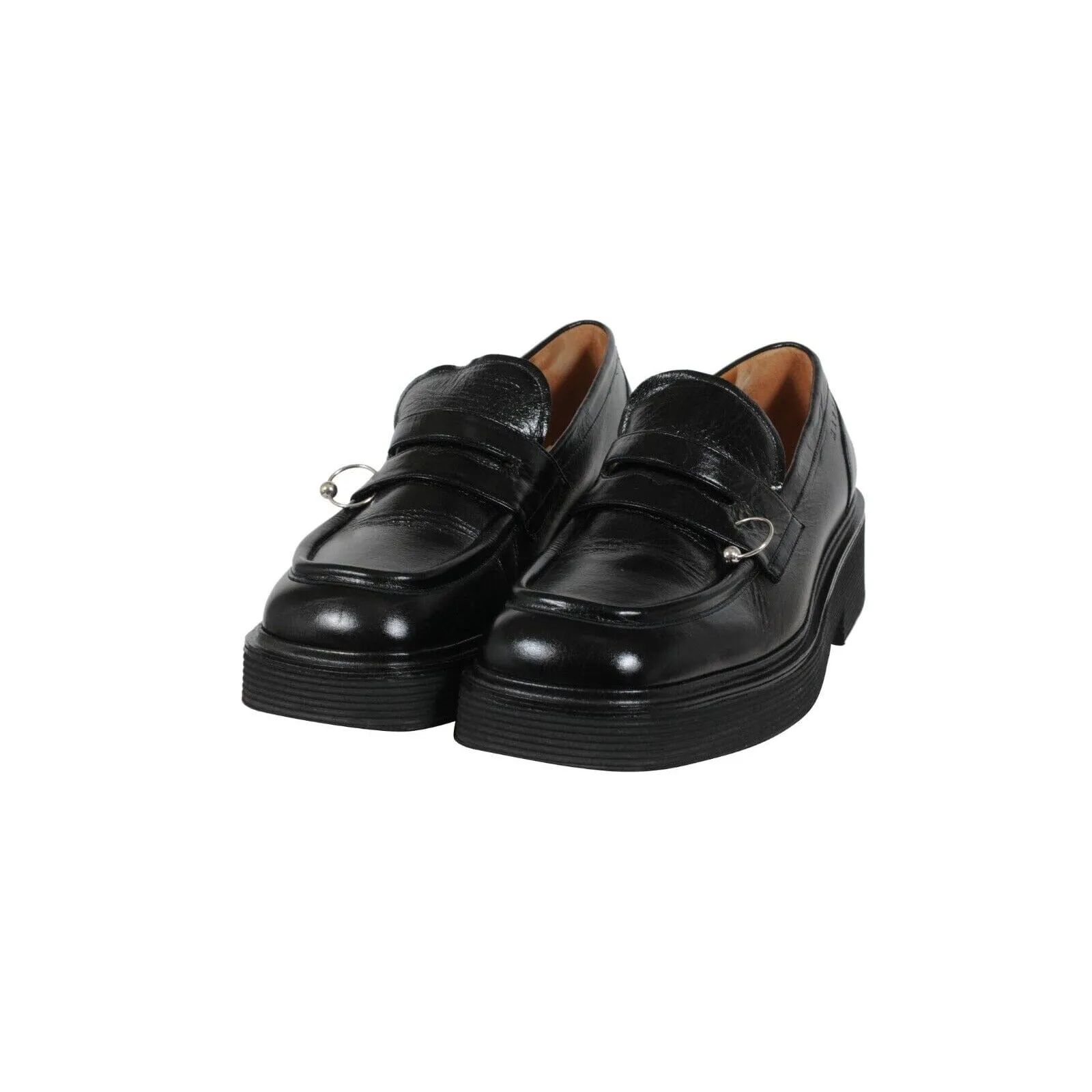 Square Toe Platform Loafers Black Leather Metal Ring Derby