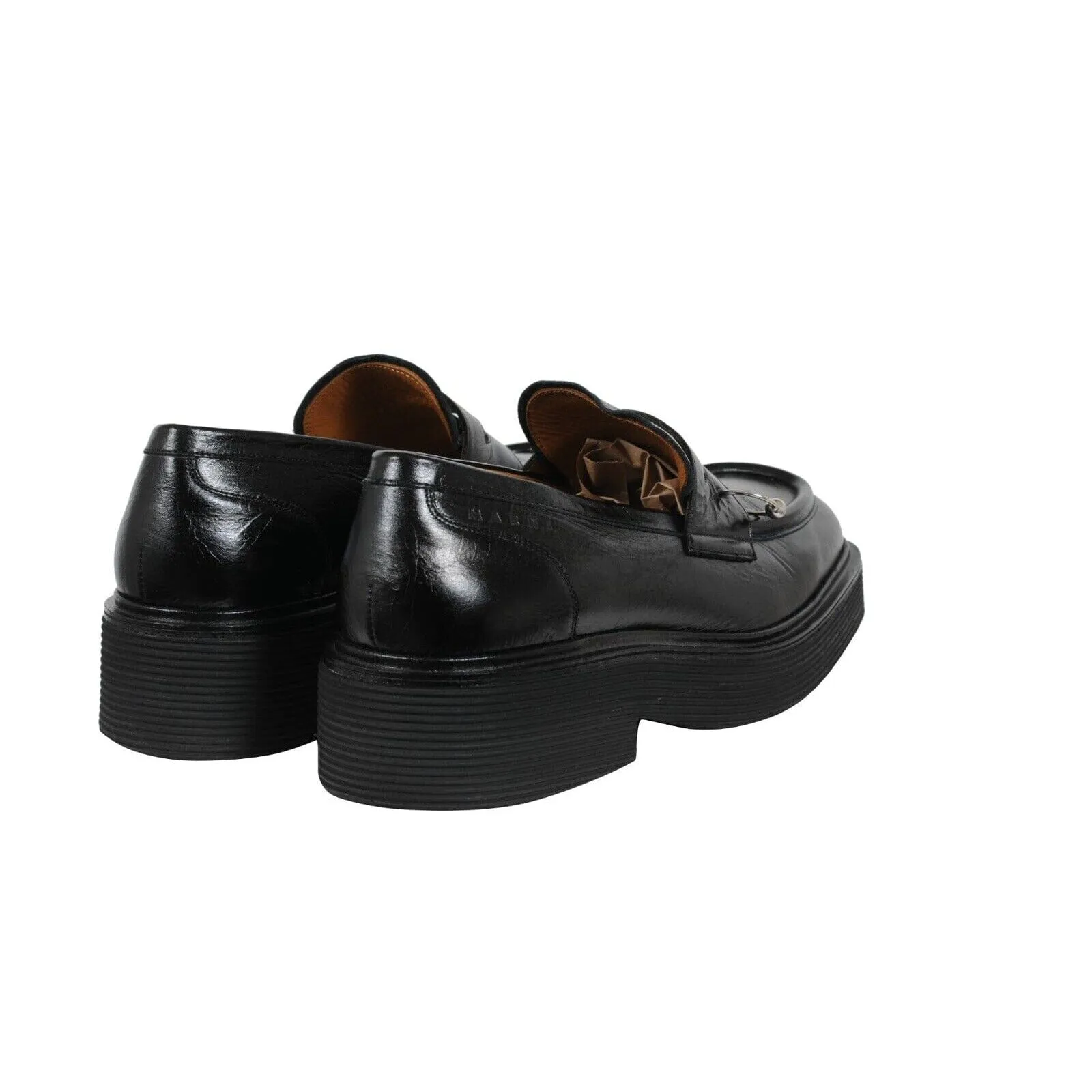 Square Toe Platform Loafers Black Leather Metal Ring Derby