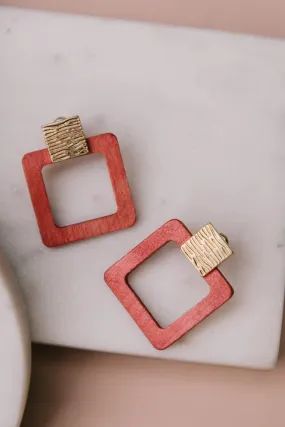 Squared Up Wooden Earrings in Coral