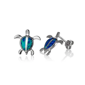 Sterling Silver Alamea Hawaii Blue Opal Honu Turtle Stud Earrings