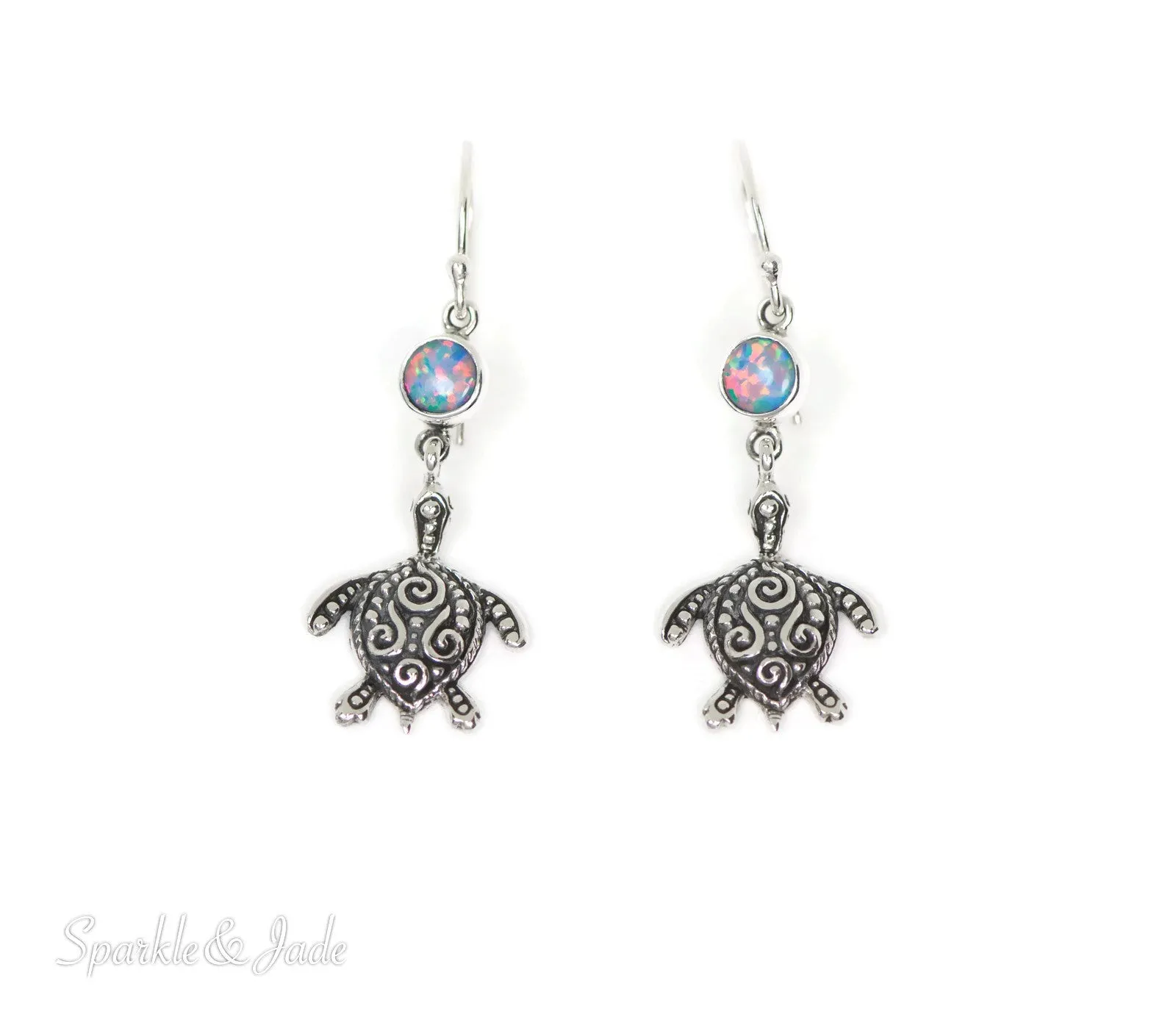 Sterling Silver Filigree Turtle and Opal Dangle Earrings