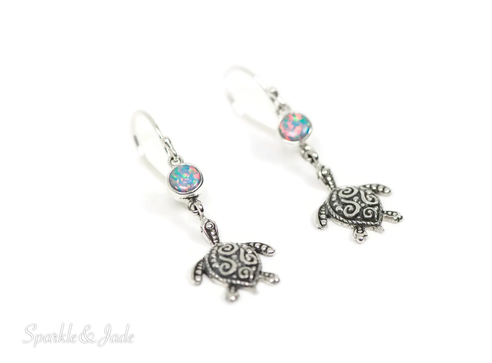 Sterling Silver Filigree Turtle and Opal Dangle Earrings