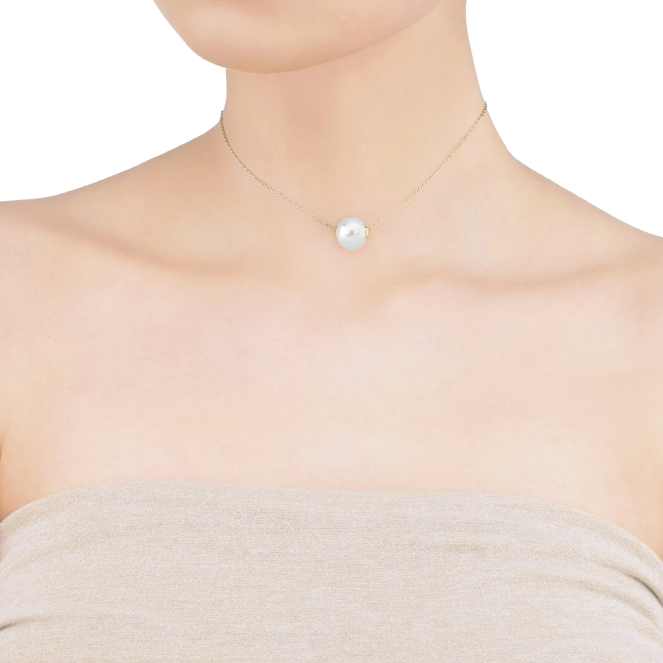 Sterling Silver Gold Plated Choker Necklace for Women with Organic Pearl, 12mm Round White Pearl, 12.9" Length, Nuada Collection