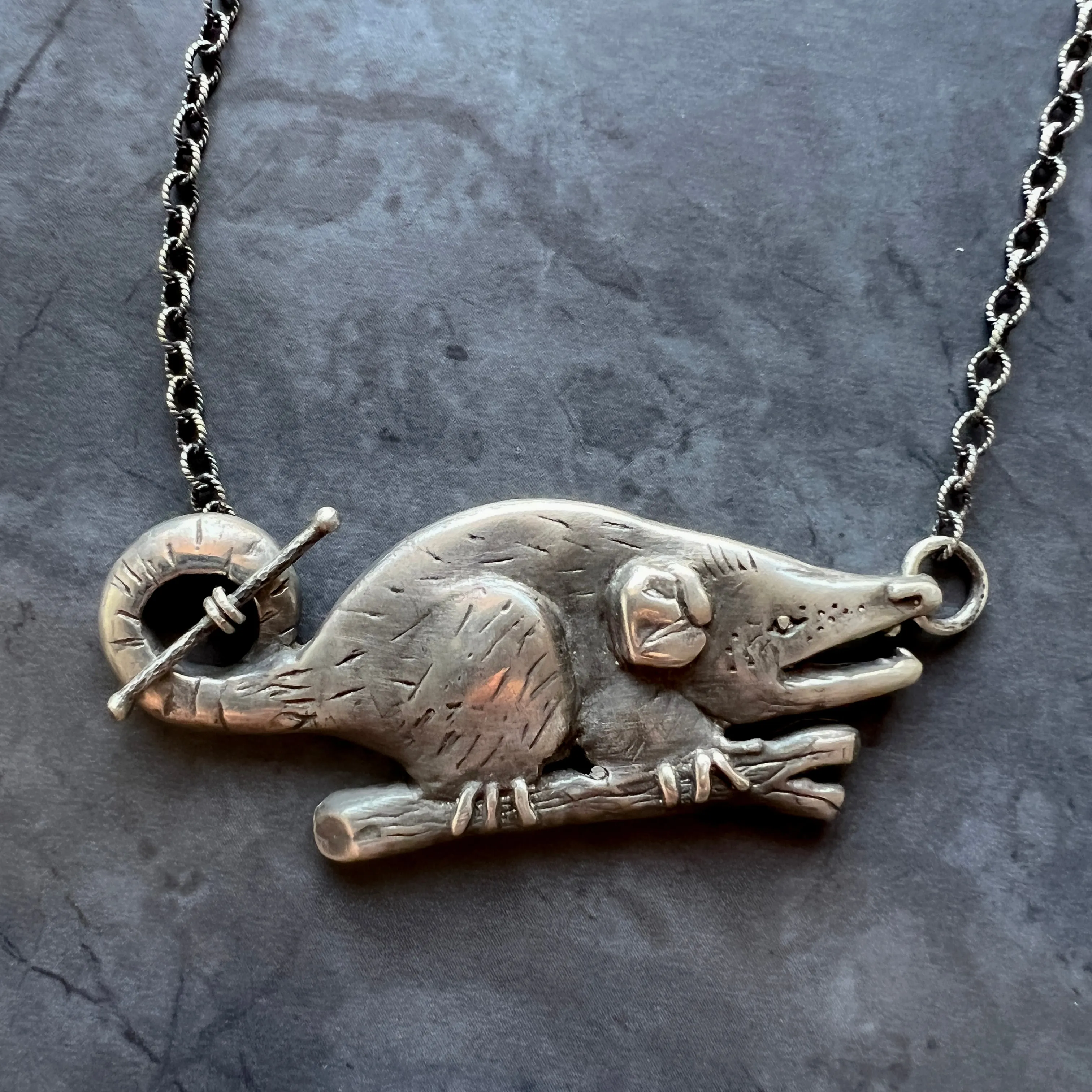 Sterling Silver Hand Carved Opossum Necklace Featuring Hand Fabricated Toggle and Textured Cable Chain -- Possum Statement Necklace