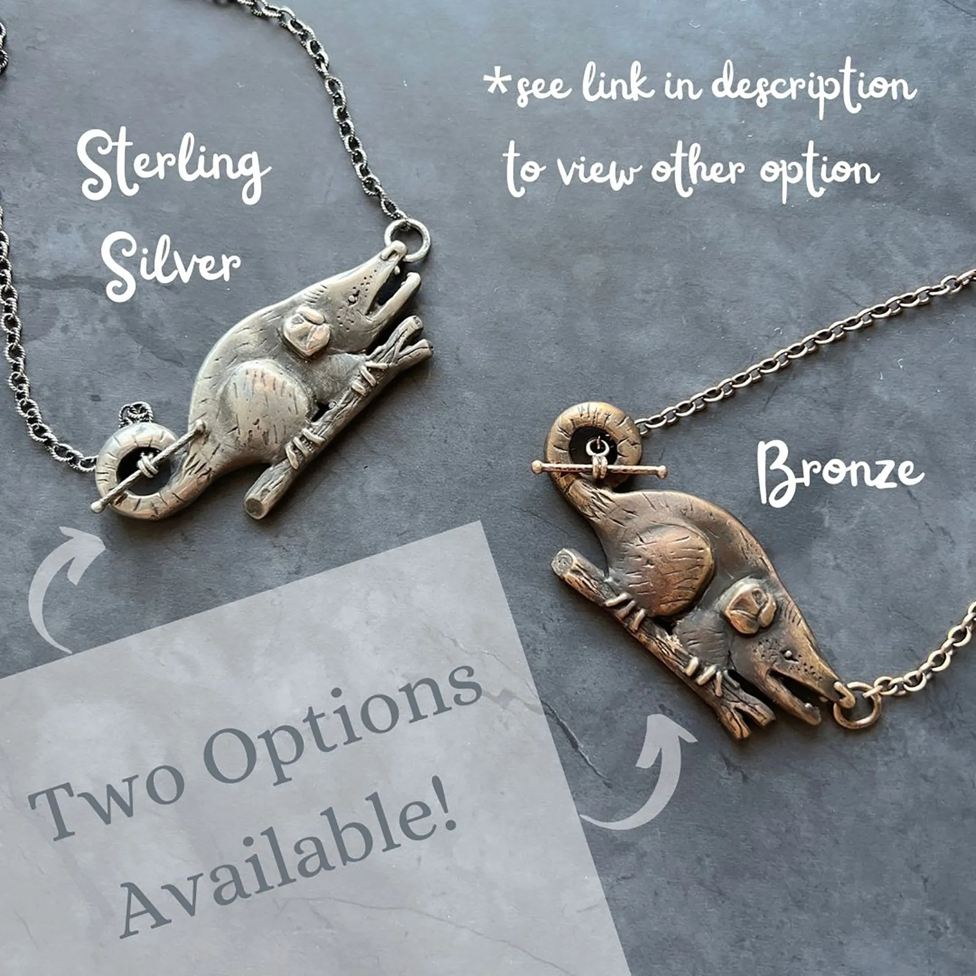 Sterling Silver Hand Carved Opossum Necklace Featuring Hand Fabricated Toggle and Textured Cable Chain -- Possum Statement Necklace