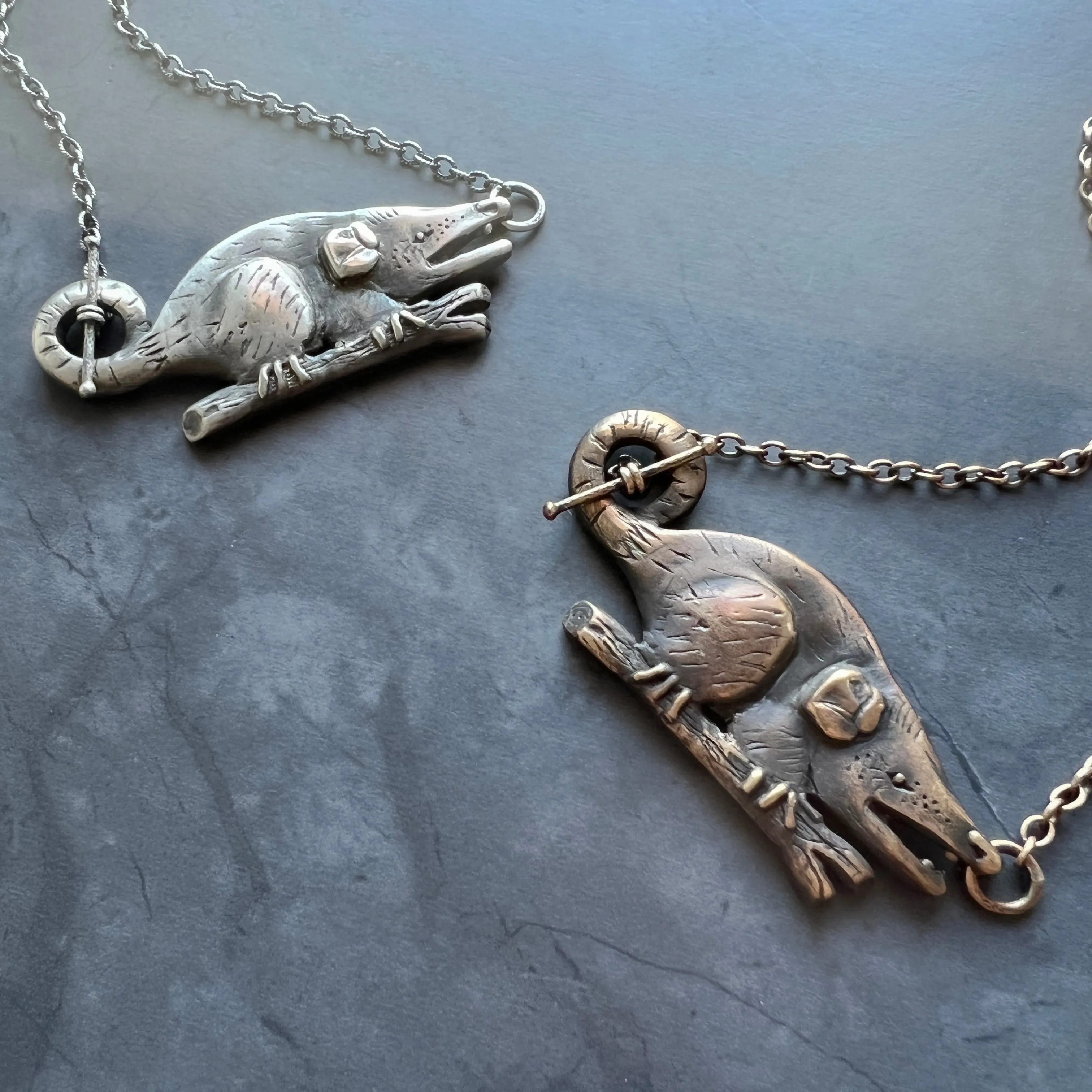 Sterling Silver Hand Carved Opossum Necklace Featuring Hand Fabricated Toggle and Textured Cable Chain -- Possum Statement Necklace