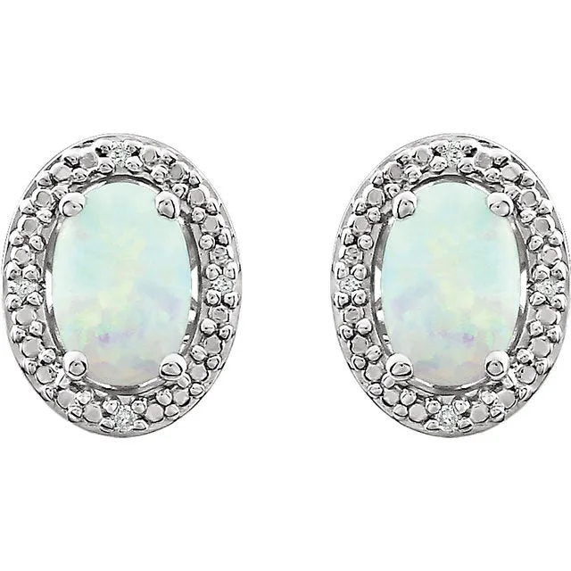 Sterling Silver Oval Created Opal & .025 CTW Diamond Halo-Style Earrings