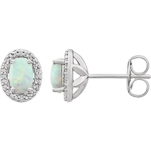 Sterling Silver Oval Created Opal & .025 CTW Diamond Halo-Style Earrings