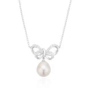 Sterling Silver Round 40cm White Fresh Water Pearl & Cubic Zirconia Necklace