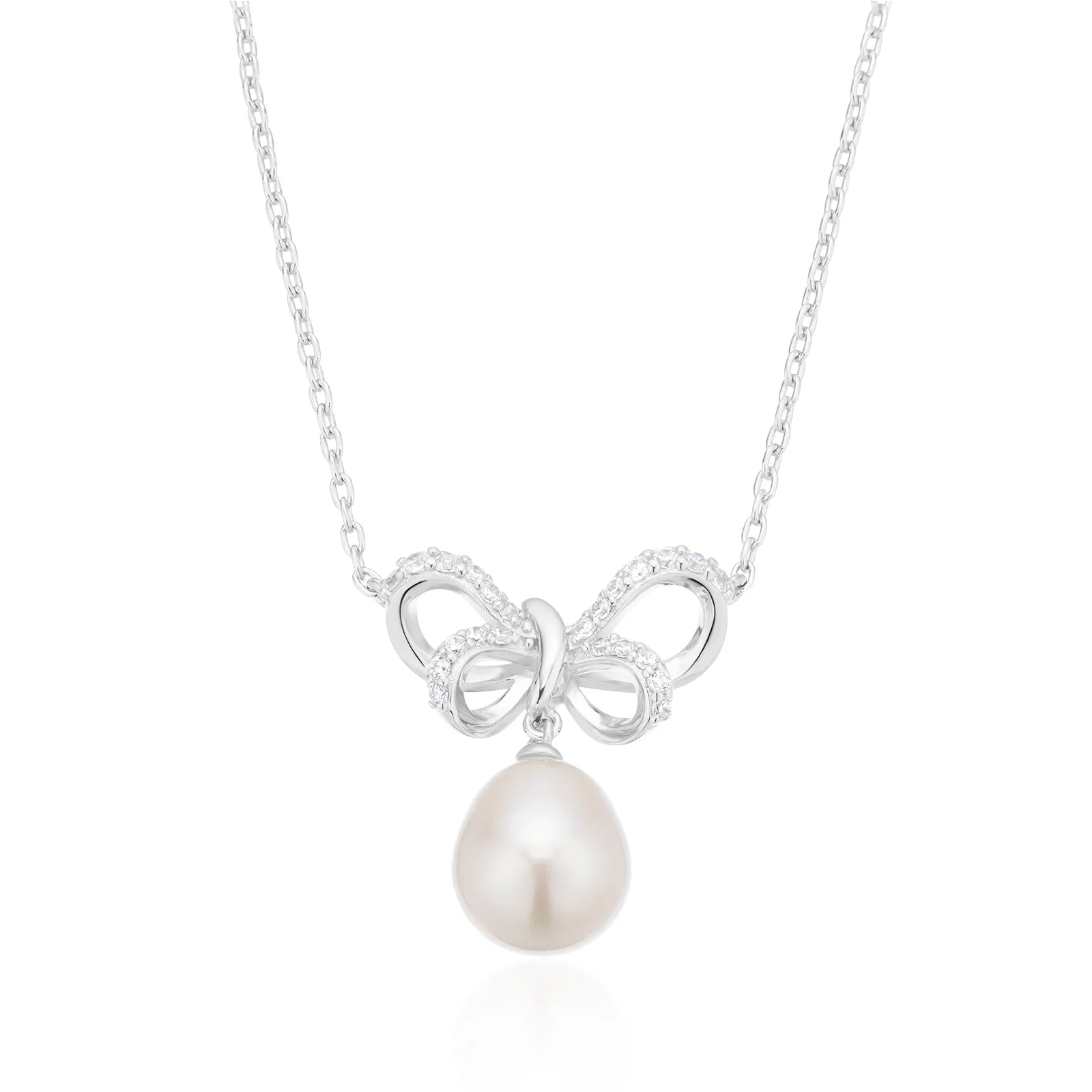 Sterling Silver Round 40cm White Fresh Water Pearl & Cubic Zirconia Necklace