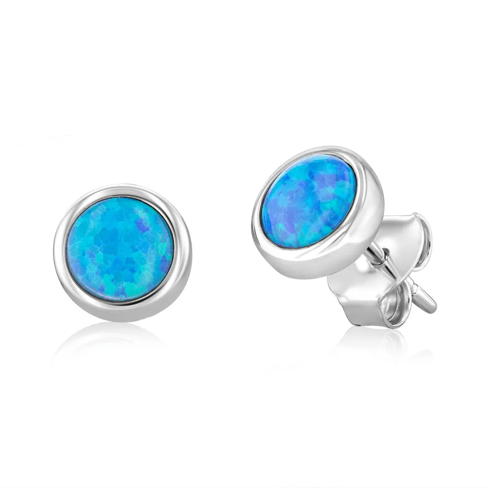 Sterling Silver Round Created Blue Opal Stud Earrings