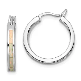 Sterling Silver White Created Opal Inlay Hoop Earrings