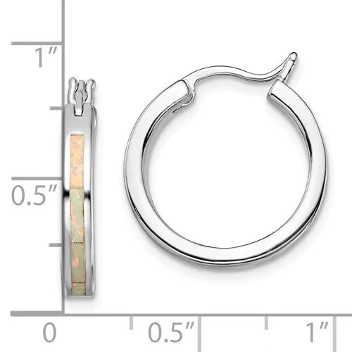 Sterling Silver White Created Opal Inlay Hoop Earrings